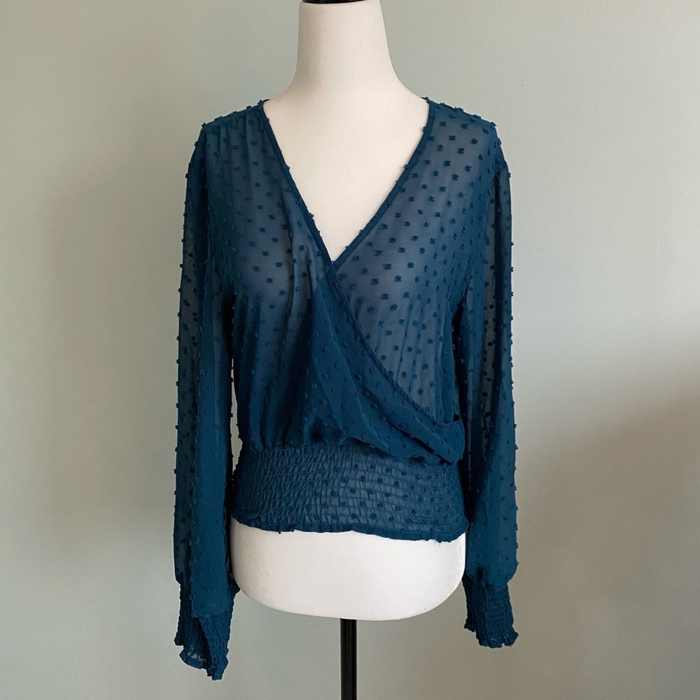 Dynamite Swiss Dot Wrap Smocked Blouse